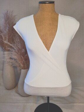 Zara Knit Plunge V Neck Ribbed Bodysuit in Bright White